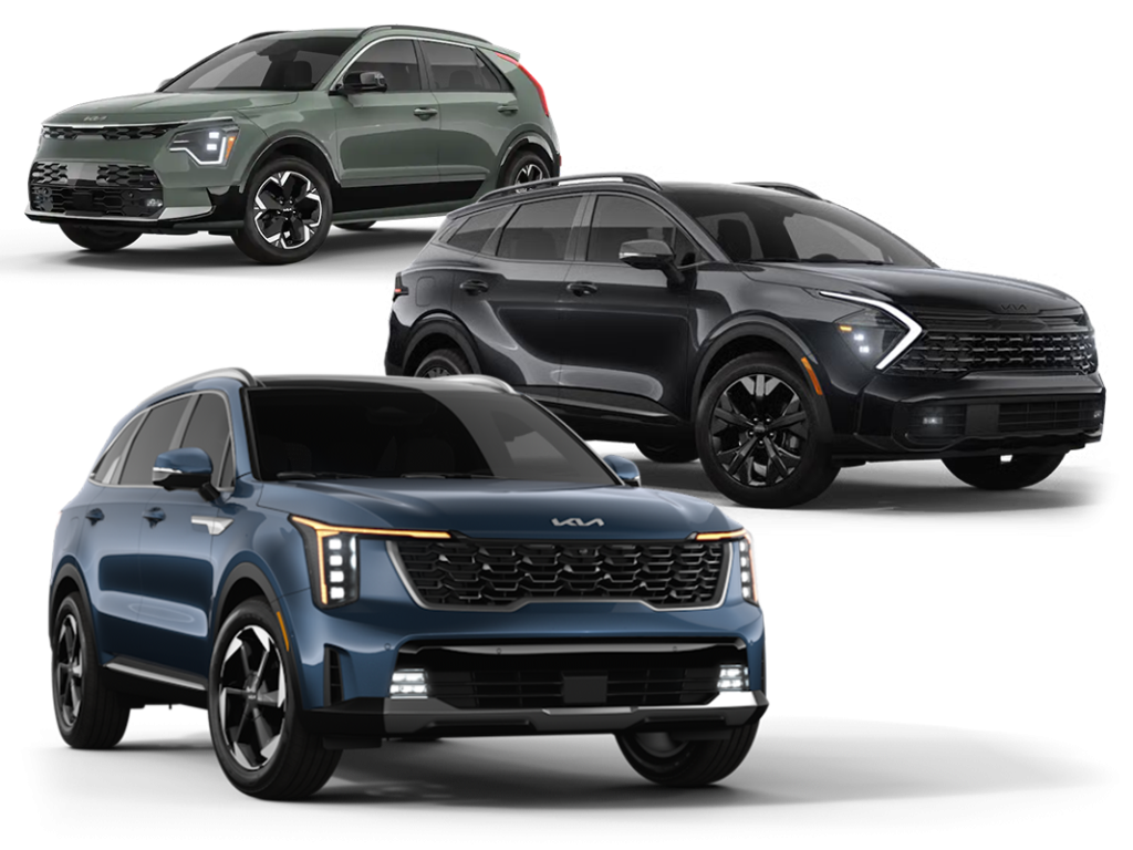2025 Kia Niro EV Green, 2025 Kia Sportage PHEV Black and 2025 Kia Sorento PHEV Blue are shown on a white background, angled to highlight their modern front-end design and LED headlights.