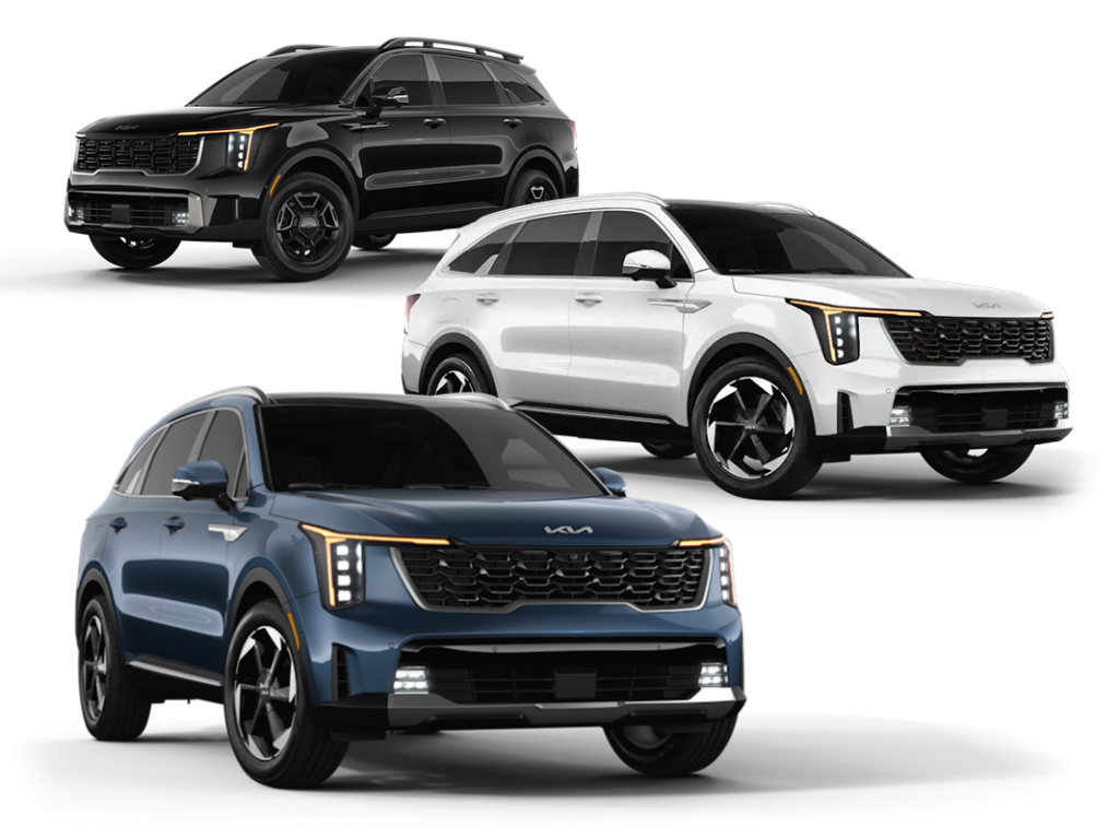 Three Kia Sorentos in white, blue, and black are shown on a white background, angled to highlight their modern front-end design and LED headlights.
