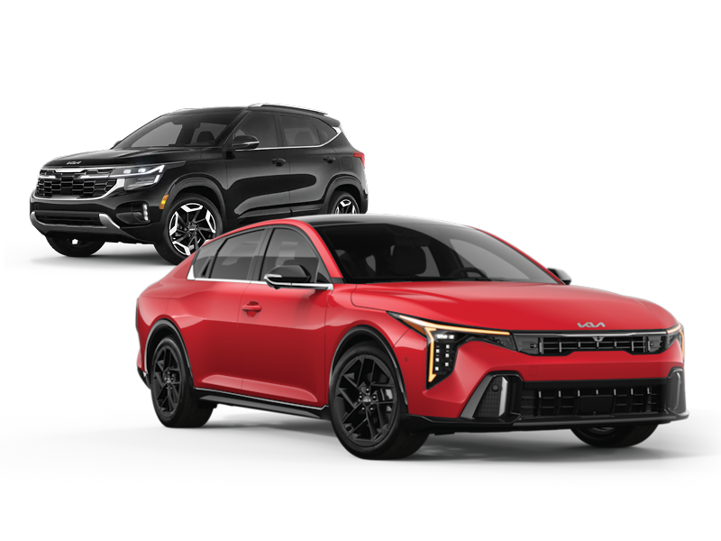 A red 2025 Kia K5 sedan is shown in the foreground with a black 2025 Kia Seltos SUV behind it, both angled slightly to the right on a white background.