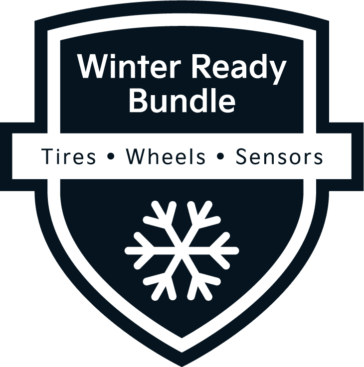 Shield-shaped badge featuring the text “Winter Ready Bundle” above a banner that reads “Tires • Wheels • Sensors,” with a bold snowflake icon centered below.