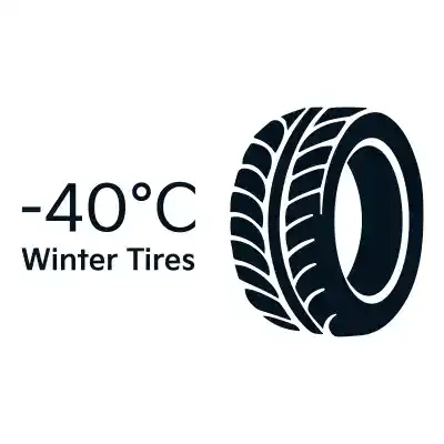 Icon of a tire beside text reading “-40°C Winter Tires,” highlighting that winter tires remain flexible and effective in extreme cold temperatures.