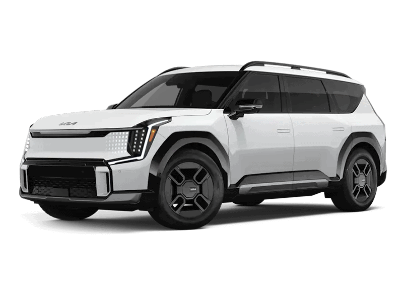 White Kia EV9 SUV shown at a front three-quarter angle on a white background, highlighting its modern, boxy electric design and black trim accents.