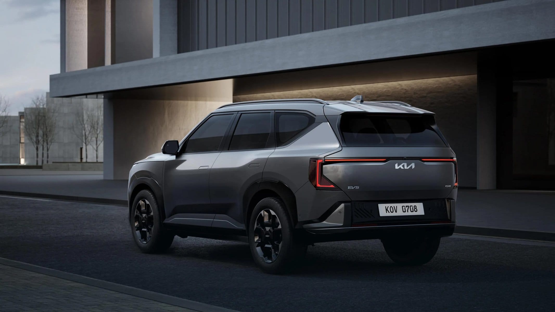 Picture of the rear thirds view of the 2027 Kia EV5.