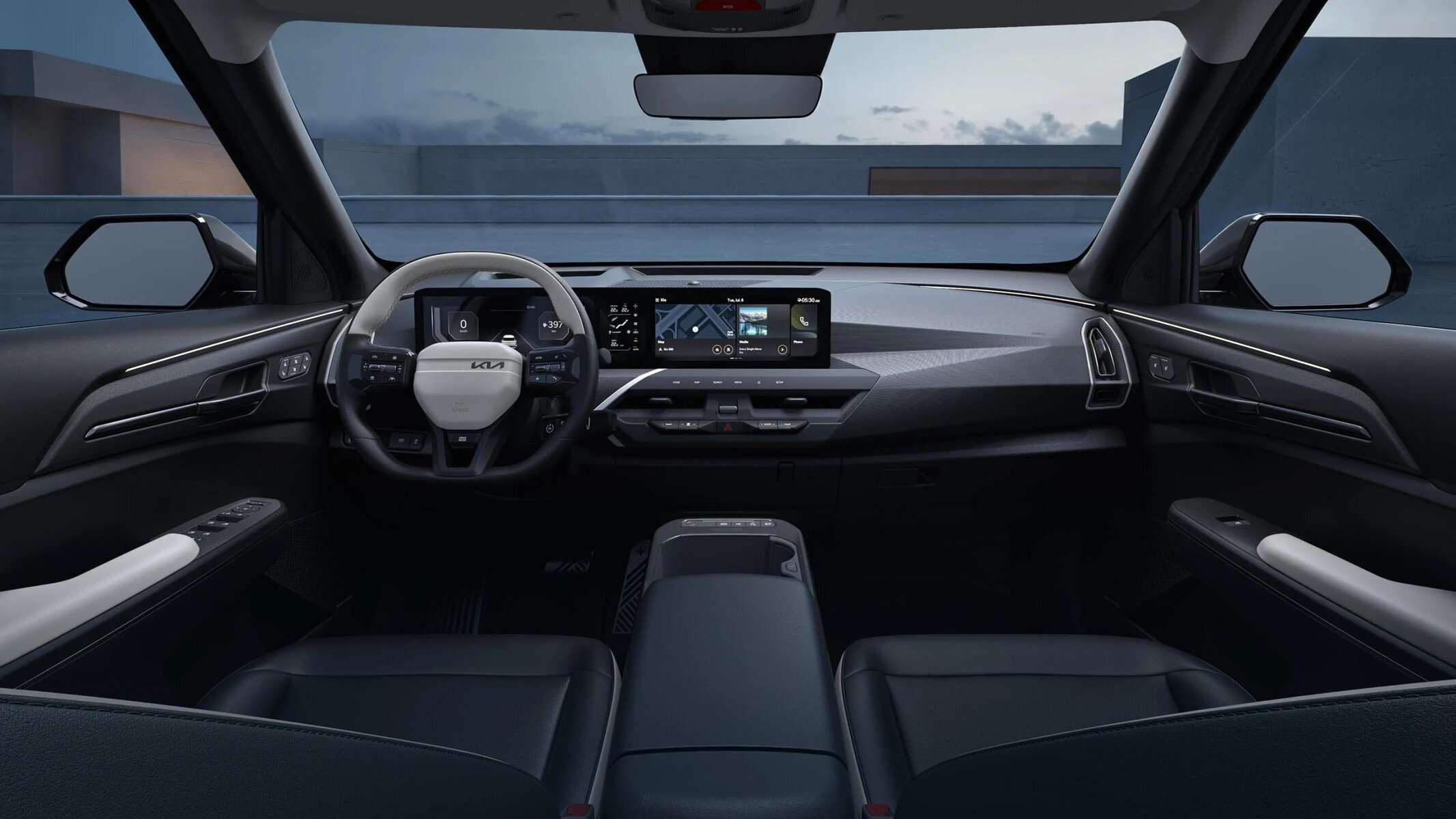 Interior front view of the driver and passenger sides of the 2027 Kia EV5.