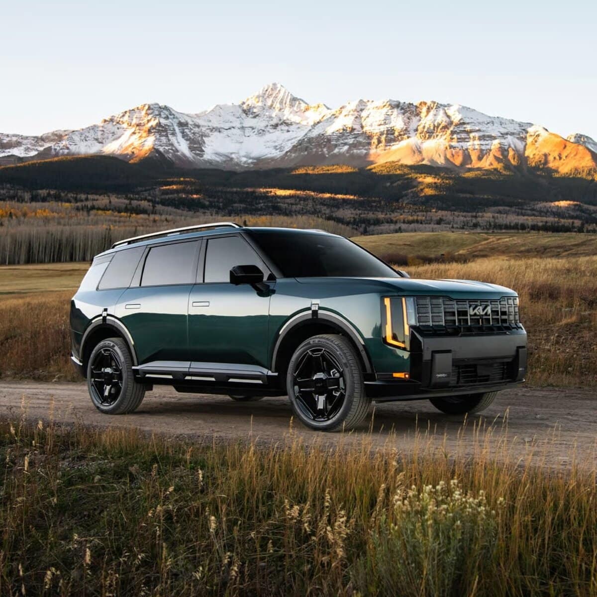 Picture of the side of a forest green 2027 Kia Telluride parked in front of a mountain scene.