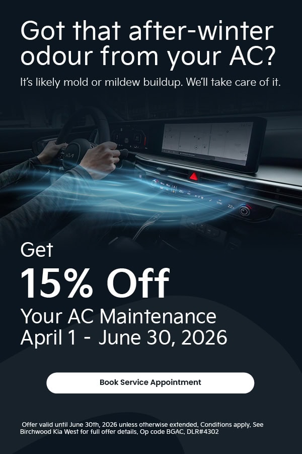 Car interior dashboard with driver holding steering wheel and visible airflow effect, promoting AC cleaning service with headline “Got that after-winter odour from your AC?” and offer “Get 15% Off Your AC Maintenance April 1 – June 30, 2026,” including “Book Service Appointment” call-to-action and dealership disclaimer text.
