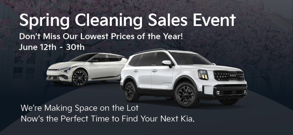 Spring Cleaning Sales Event banner with two cars, one white SUV and one silver sedan, promoting special prices between June 12th and 30th. Text highlights making space on the lot for buyers to find their next Kia.