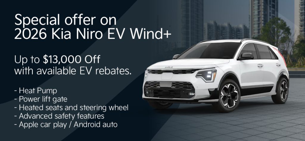 Special offer on 2026 Kia Niro EV Wind+ with up to $13,000 off, heat pump, power lift gate, heated seats, safety features, and Apple CarPlay/Android Auto.